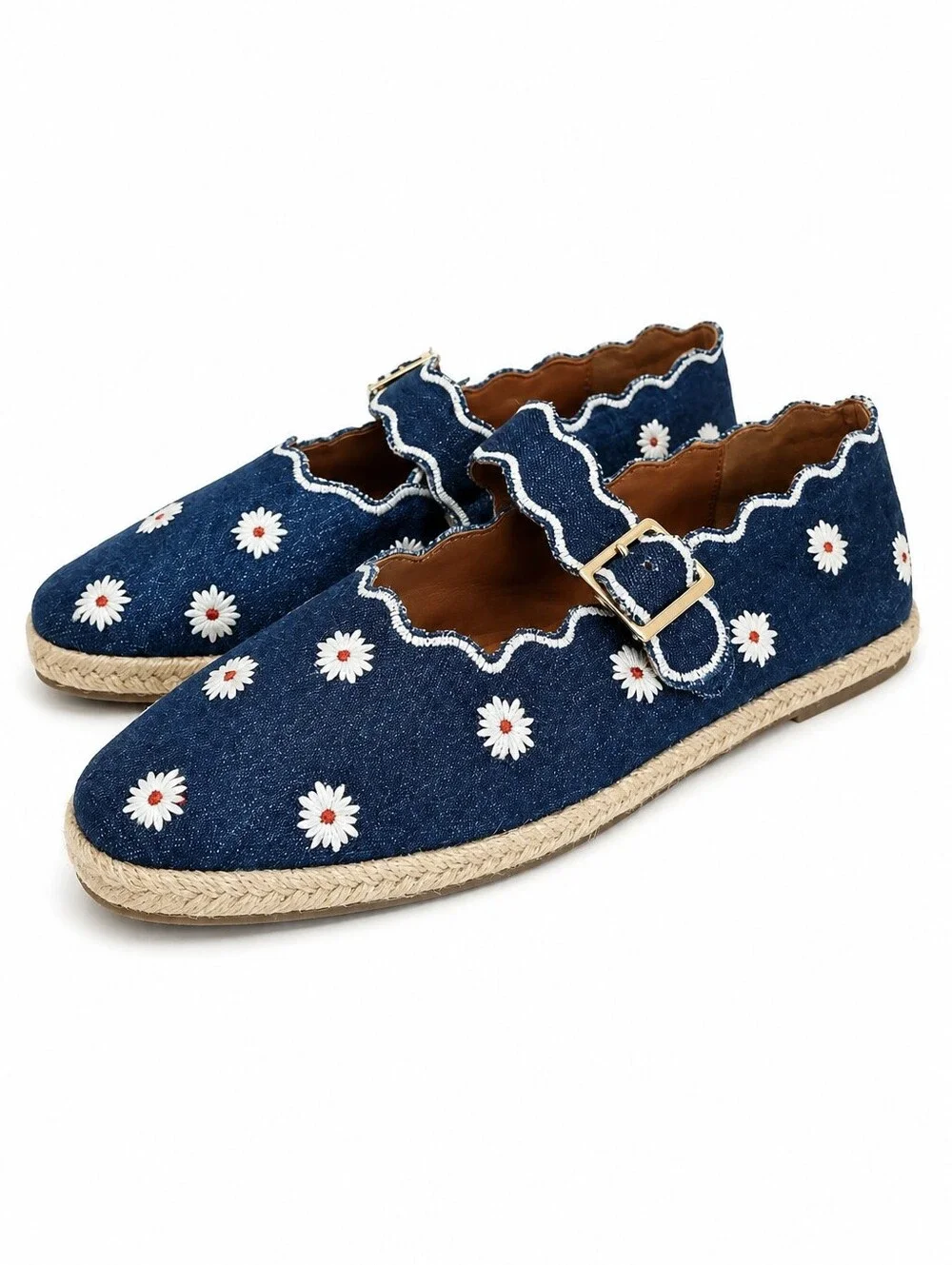 Maeve Denim Daisy Embroidered Espadrille Mary Jane Flats, NWT w/ Box, 38